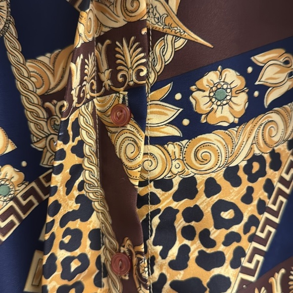 Vintage 80’s Baroque Animal Print Scarf Blouse Gold & Navy Opulent Abstract 14 - Picture 8 of 14